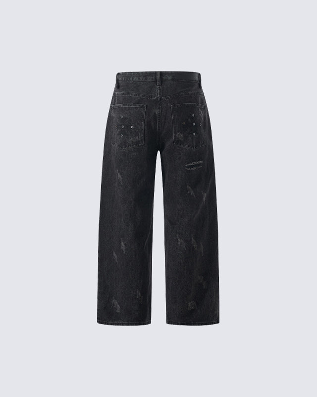Retro Distressed Rivet Wide-Leg Denim Jeans