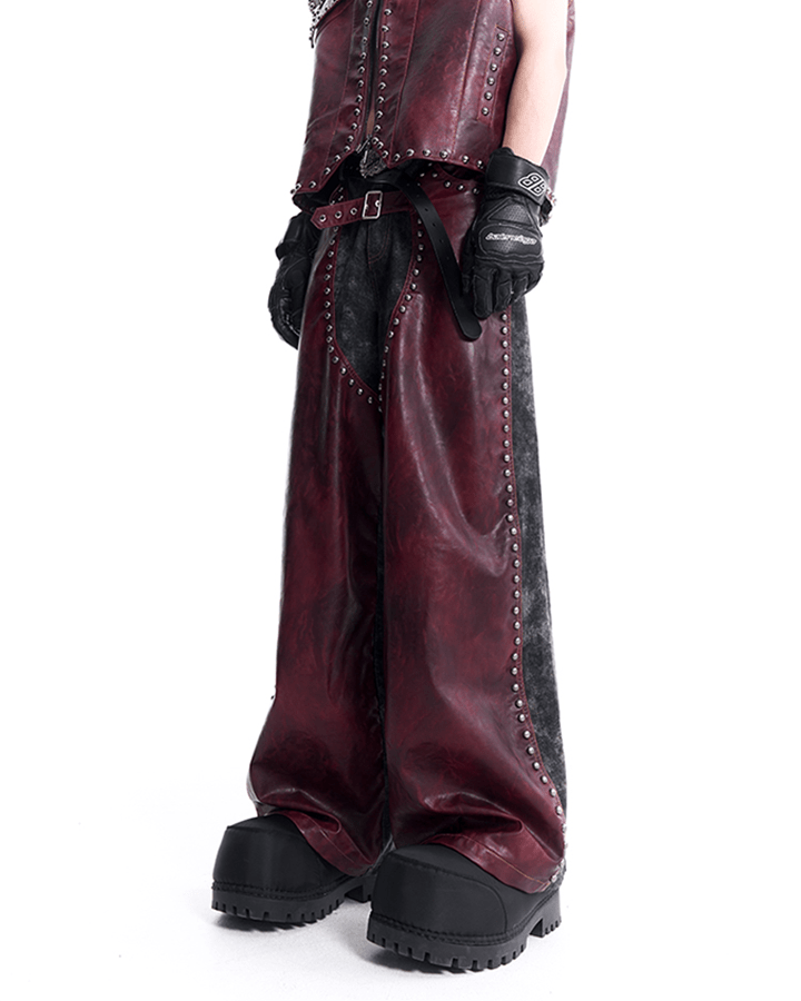 Burgundy and Black Studded Leather Pants