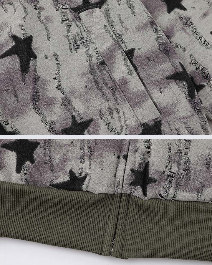 Star Pattern Distressed Zip-Up Hoodie