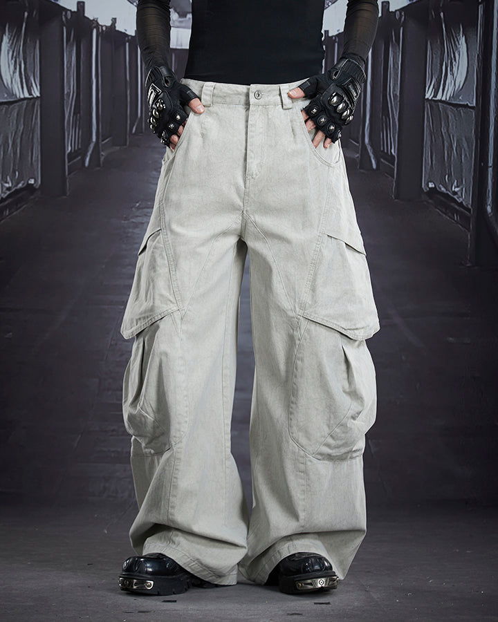 Distressed Panel Wide-Leg Denim Pants
