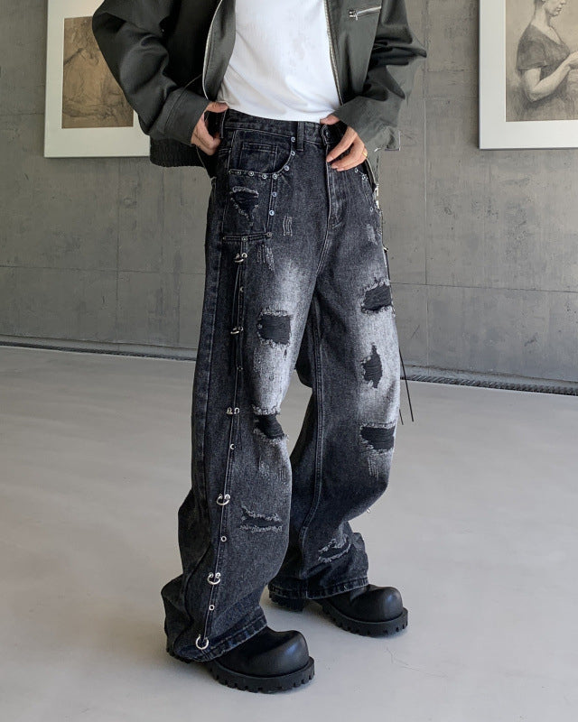 Retro Distressed Rivet Wide-Leg Denim Jeans