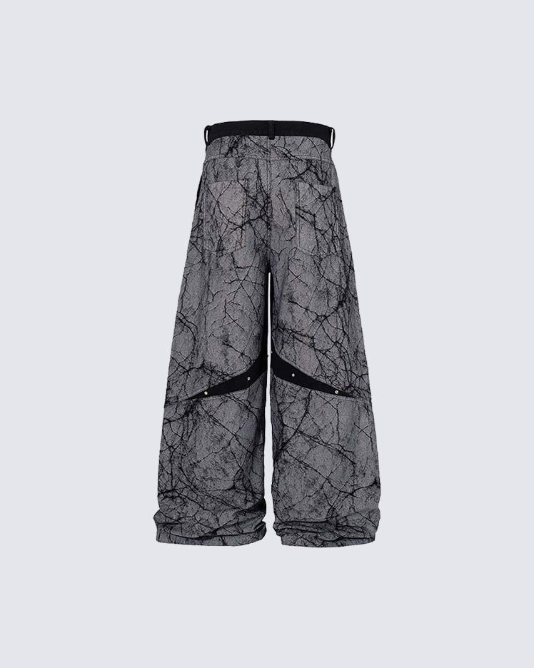 Creative Crack-Pattern Heavy Wide-Leg Pants