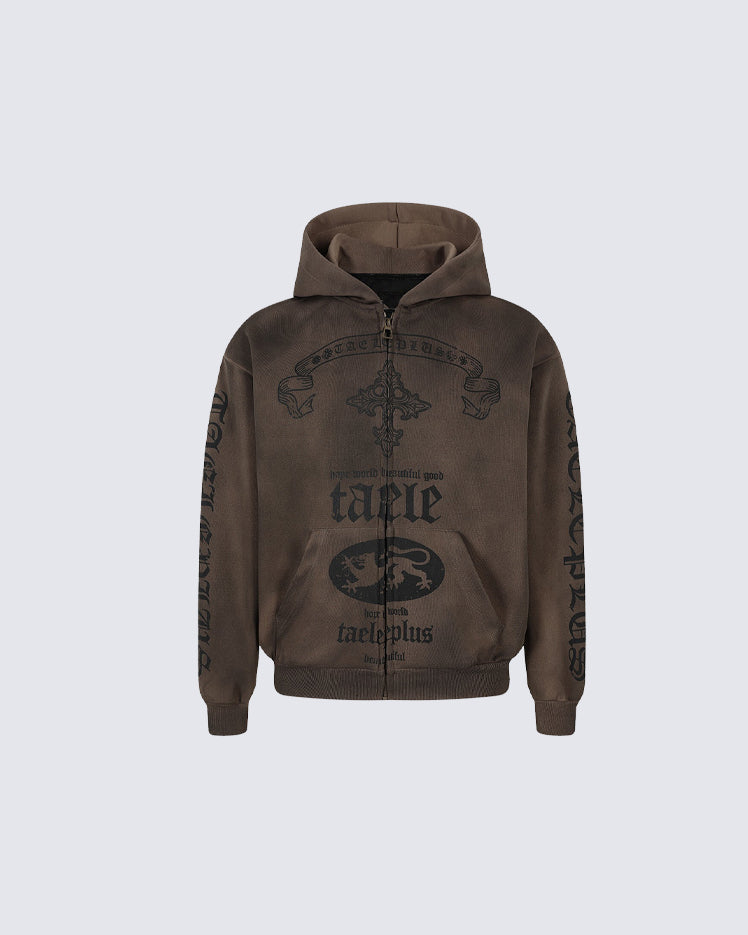 New Washed Cross Print Zip Hoodie