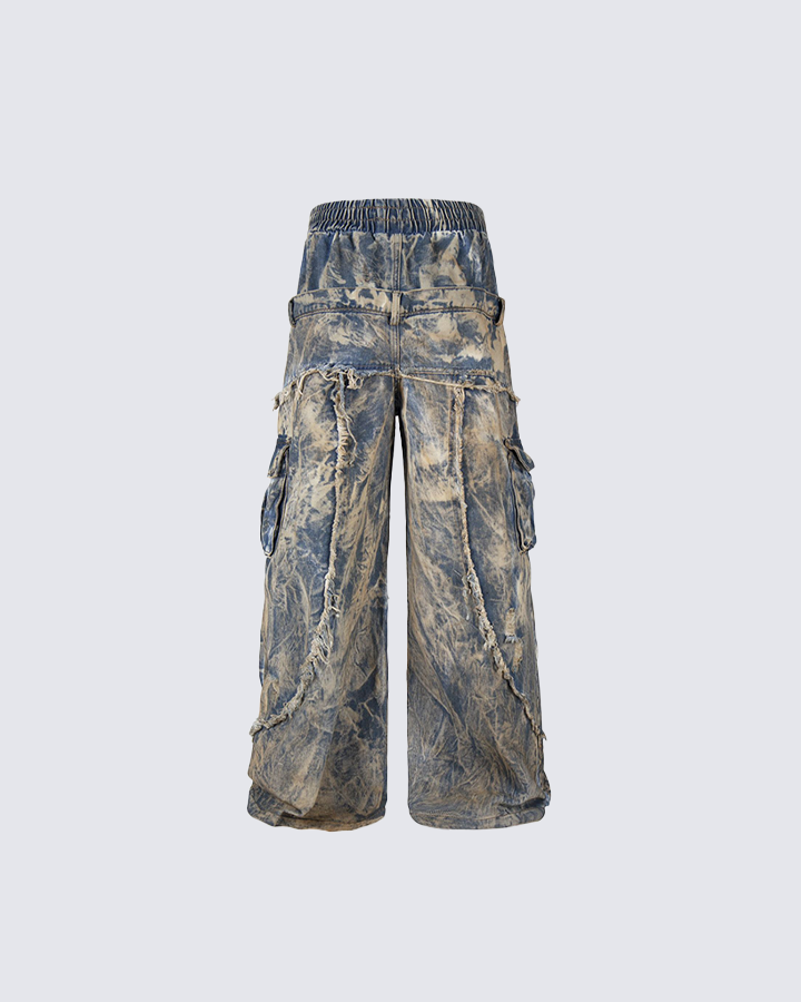 Distressed Cargo Wide-Leg Jeans