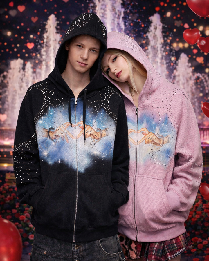 Rhinestone Hand Heart Zip-Up Hoodie