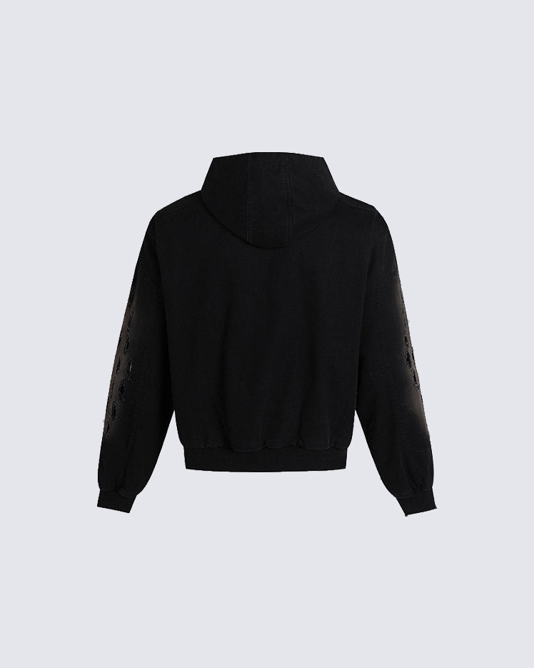 Dark Distressed Ripped Hooded Sweatshirt