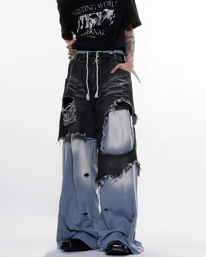 Faux Two-Piece Distressed Casual Pants