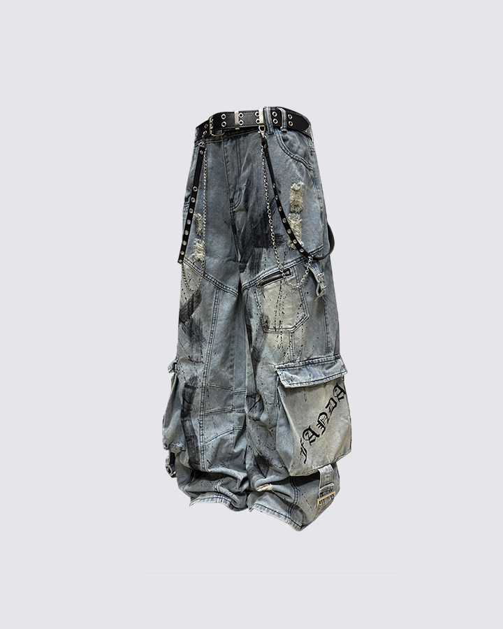 Streetwear Cargo Denim Pants(Free Belt and Chain Included)