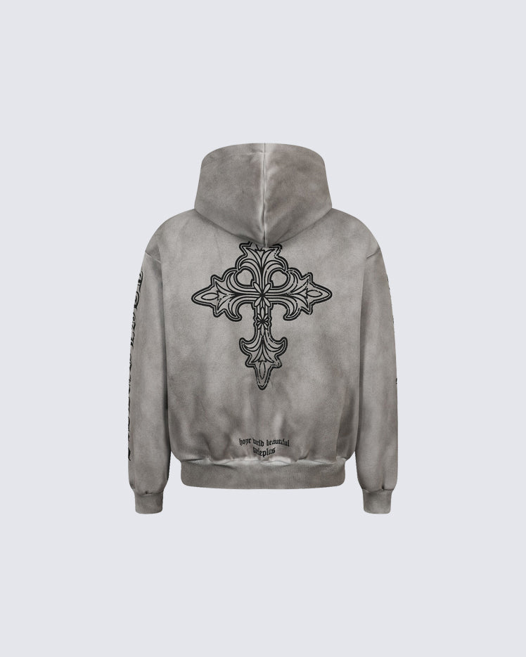 New Washed Cross Print Zip Hoodie