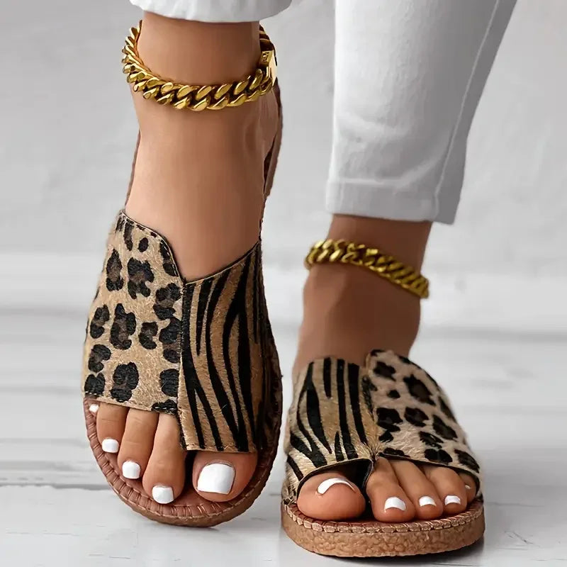 Leopard Print Bunion Slide Sandals for Women — Flat, Open-Toe