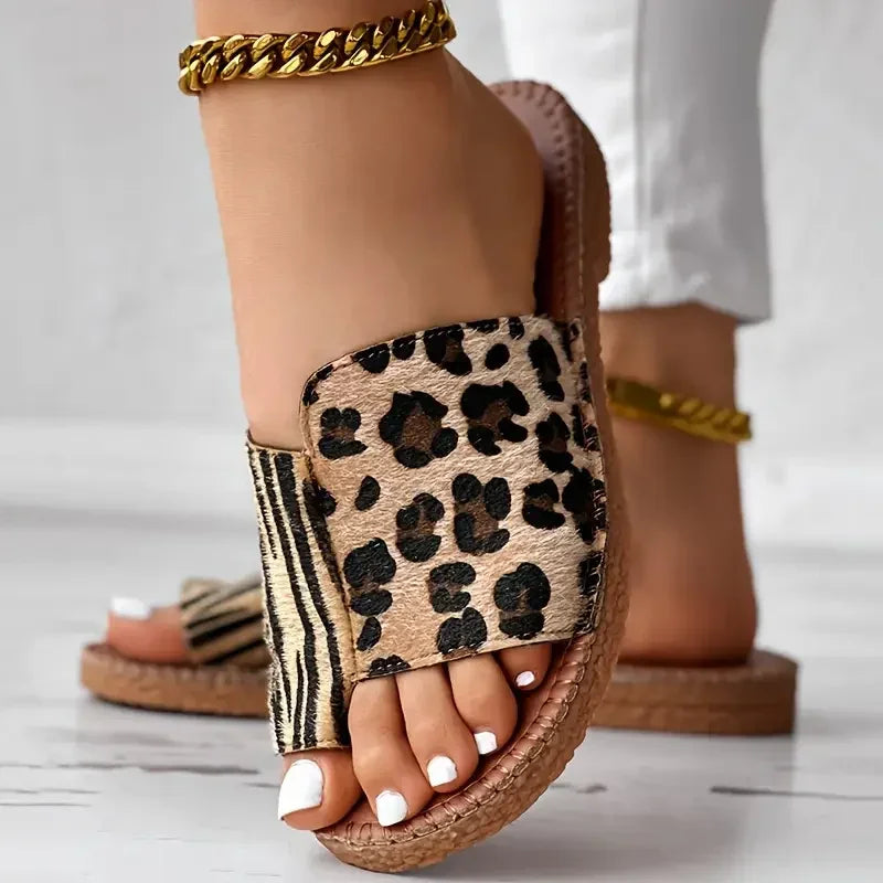 Leopard Print Bunion Slide Sandals for Women — Flat, Open-Toe