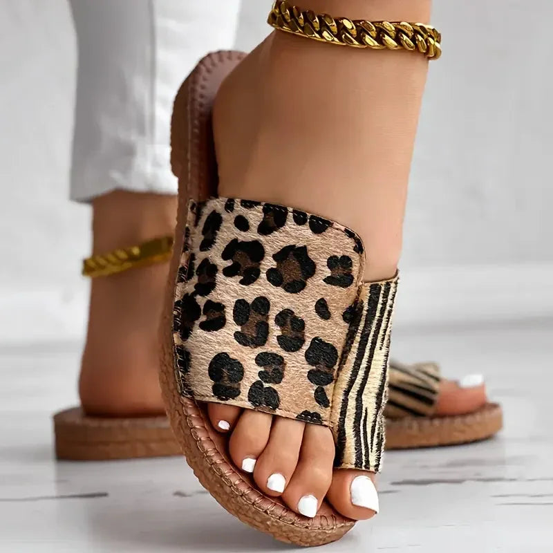 Leopard Print Bunion Slide Sandals for Women — Flat, Open-Toe