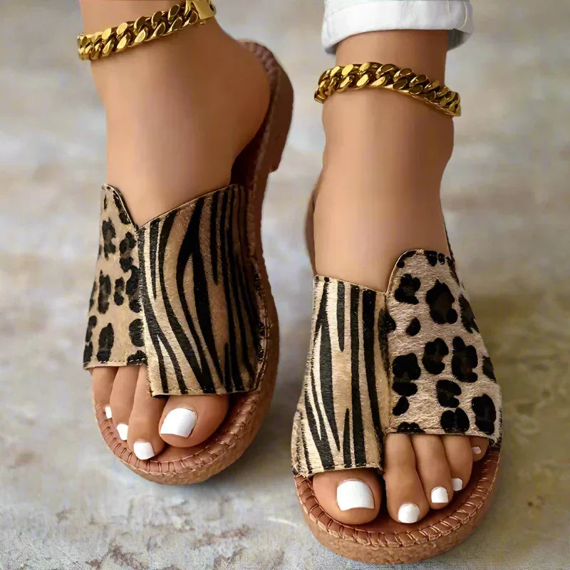 Leopard Print Bunion Slide Sandals for Women — Flat, Open-Toe