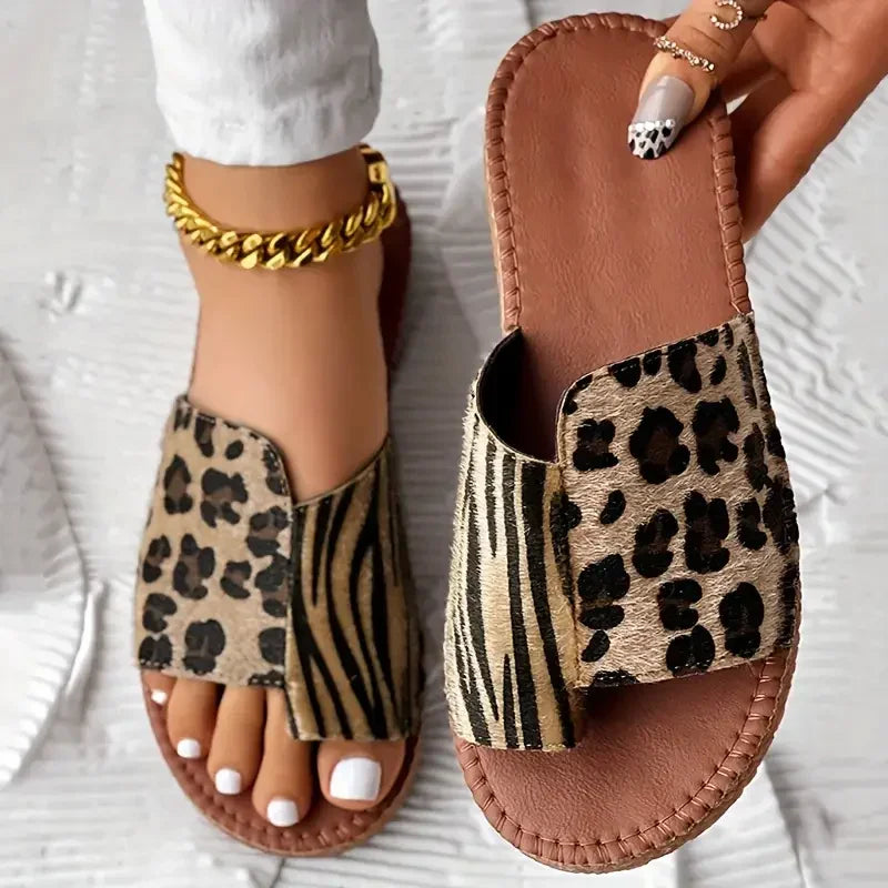 Leopard Print Bunion Slide Sandals for Women — Flat, Open-Toe