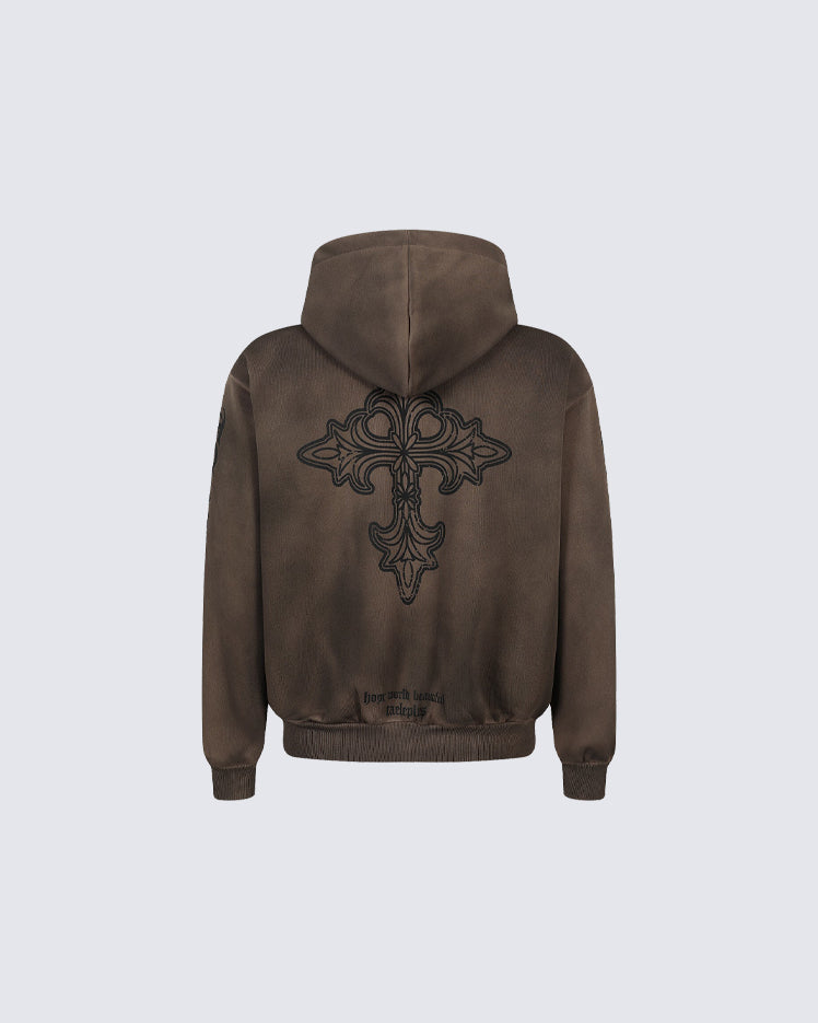New Washed Cross Print Zip Hoodie