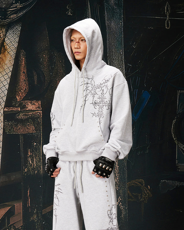 Gothic Cross Graphic Studded Hoodie