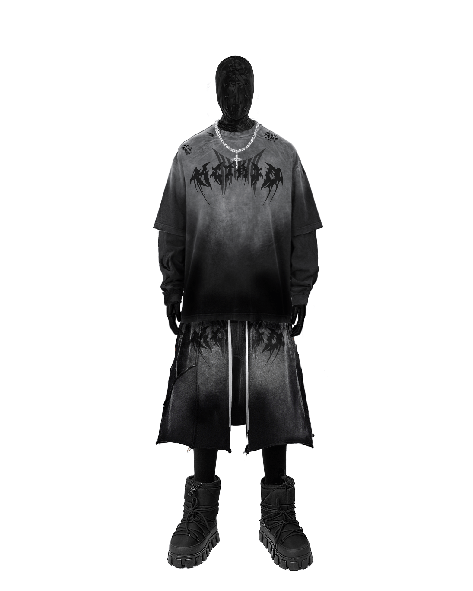 Distressed Black Drop-Crotch Shorts with Drawstring Waist