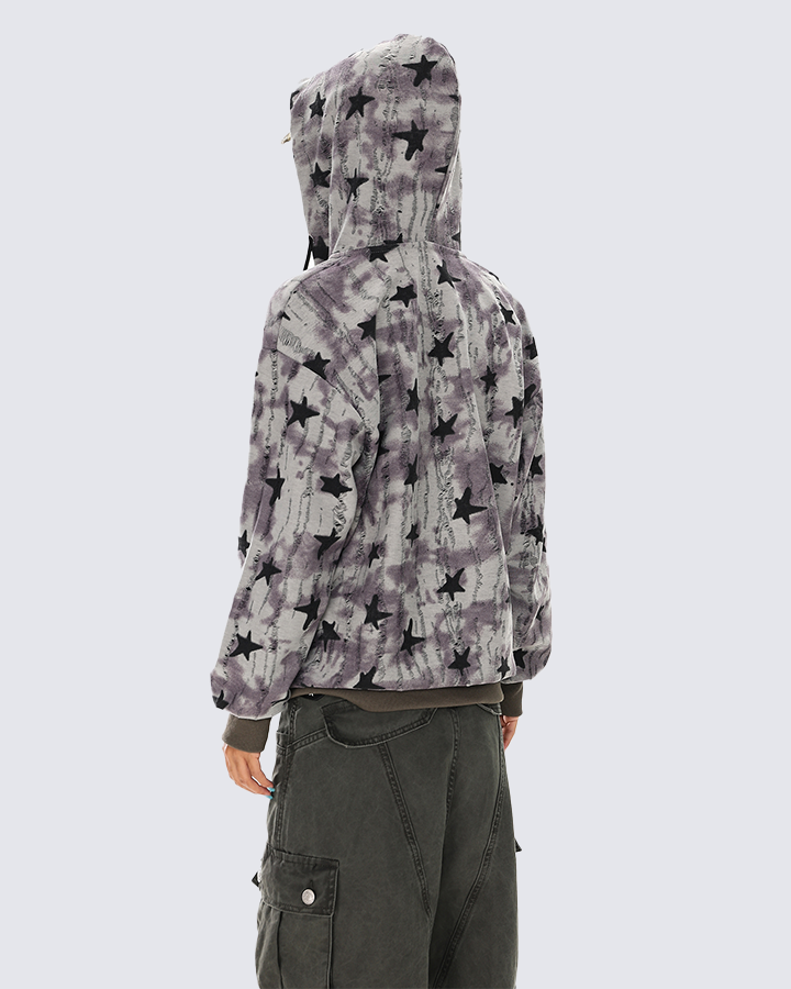 Star Pattern Distressed Zip-Up Hoodie