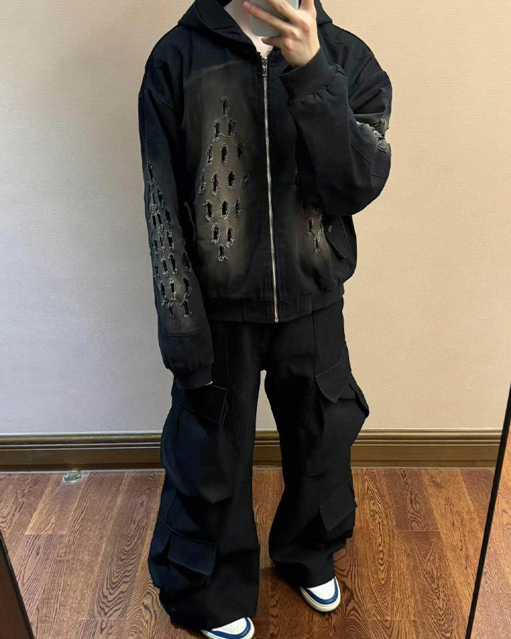 Dark Distressed Ripped Hooded Sweatshirt