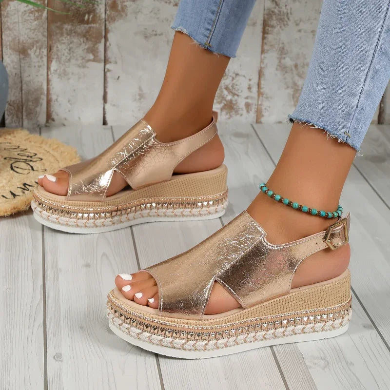 Extra Wide Platform Sandals for Bunions - Metallic, Slingback, 7cm Heel