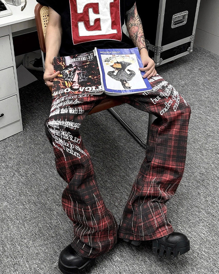 Plaid Frayed Patchwork Printed Pants
