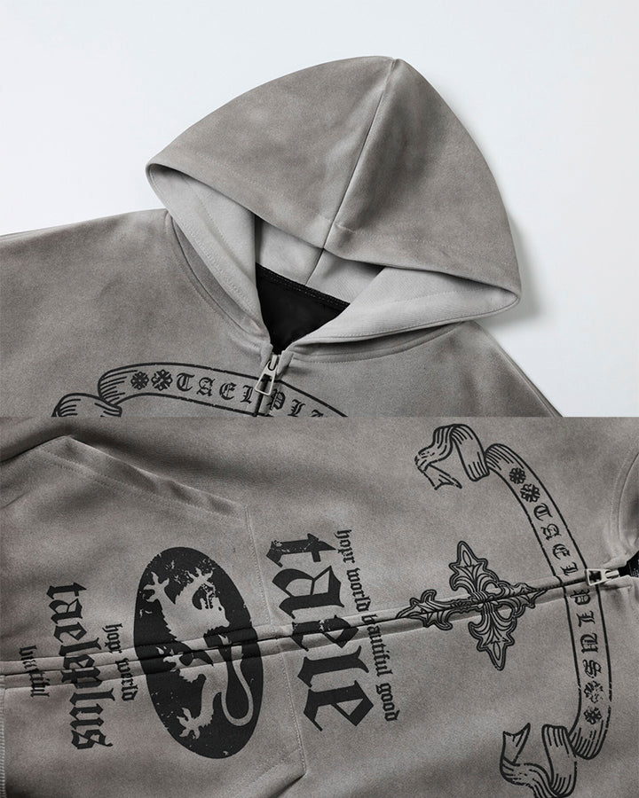 New Washed Cross Print Zip Hoodie