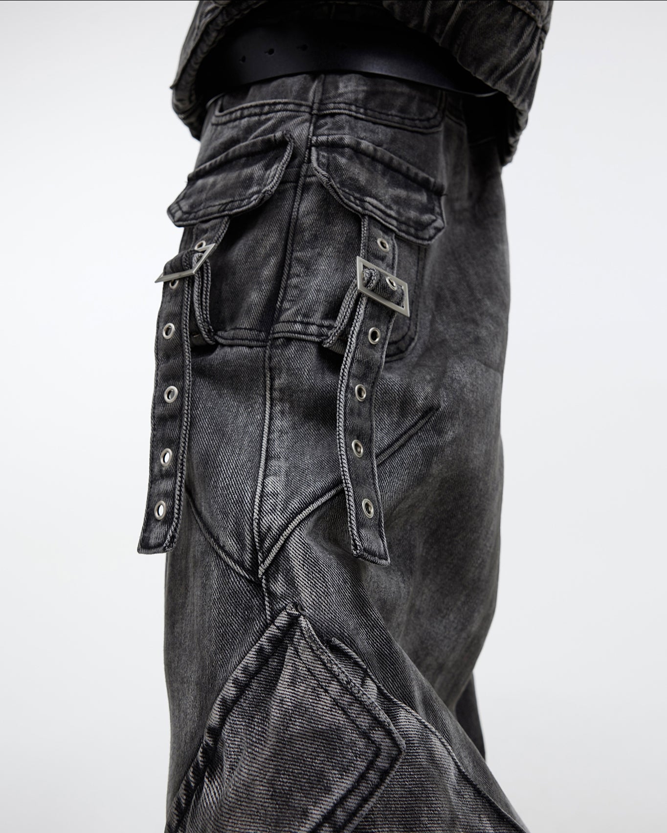 "Futuristic Edge" Heavy-Duty Distressed Wide-Leg Cargo Pants