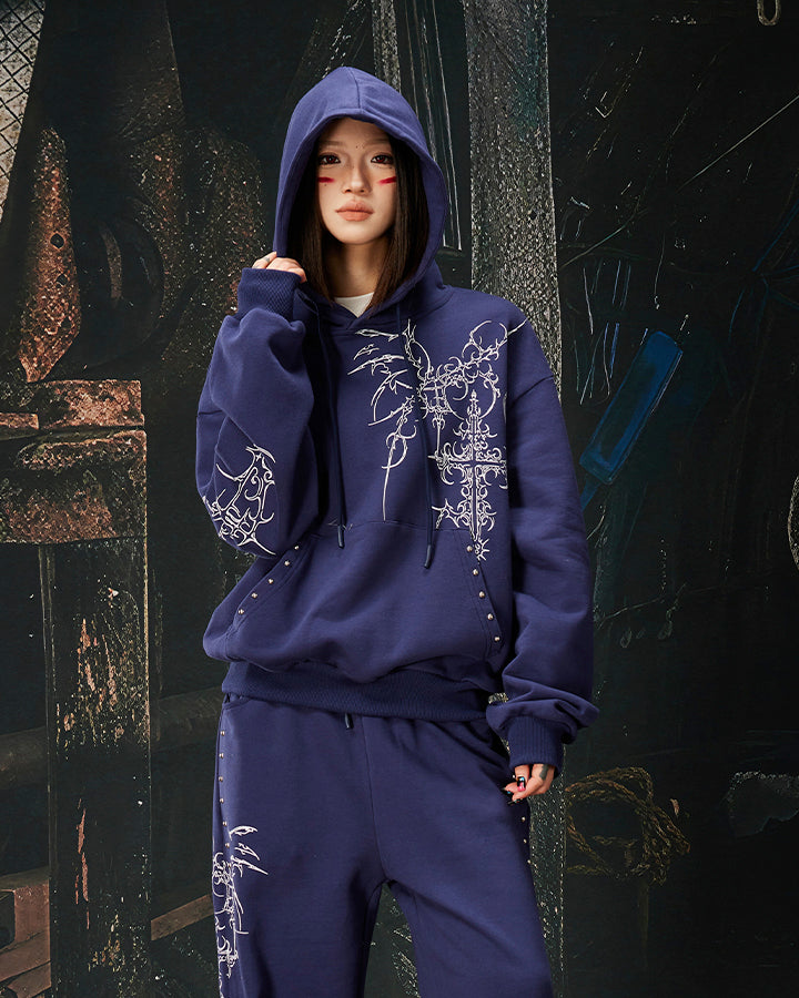 Gothic Cross Graphic Studded Hoodie