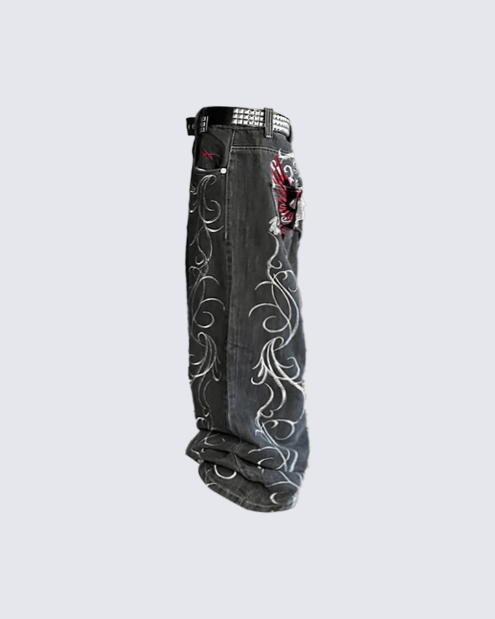 Dragon Embroidery Gothic Loose Denim Pants