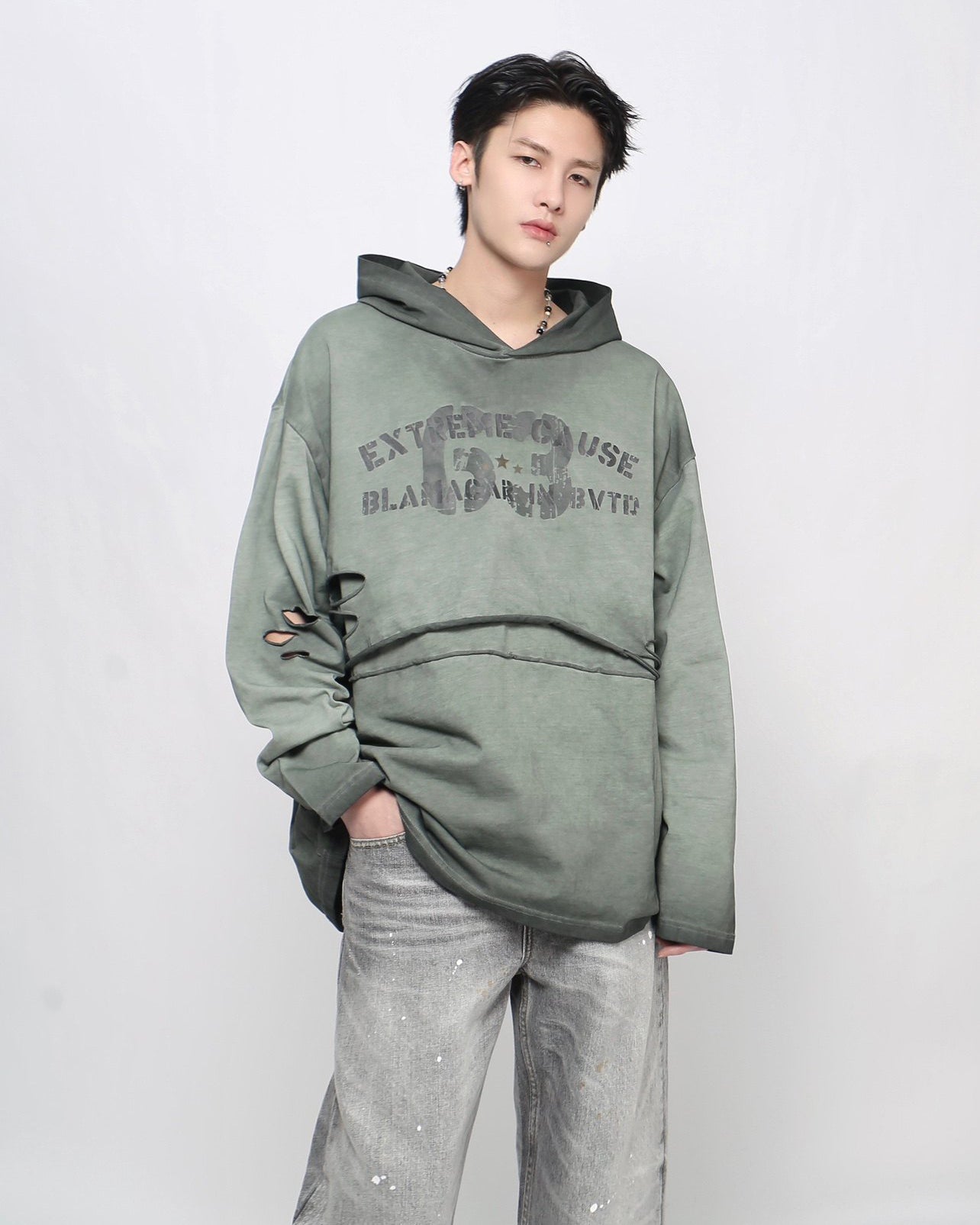 Retro Letter Distressed Hooded Sweatshirt
