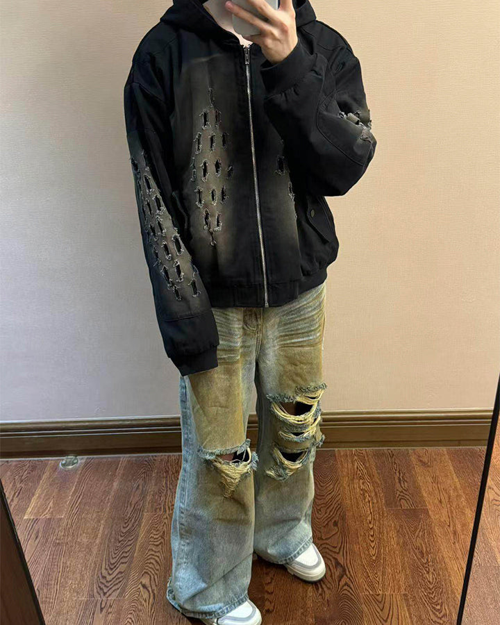 Dark Distressed Ripped Hooded Sweatshirt