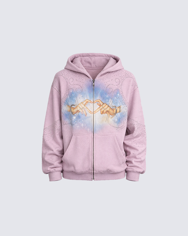 Rhinestone Hand Heart Zip-Up Hoodie