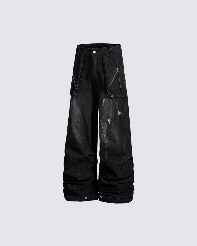 Washed Distressed Wide Leg Jeans
