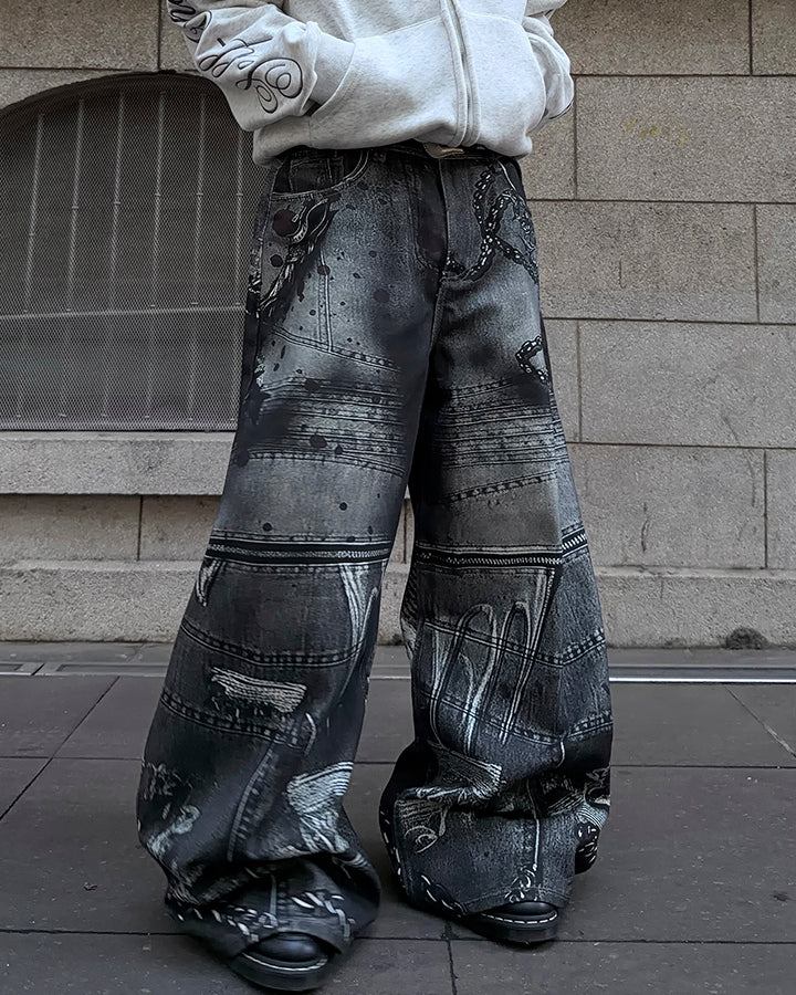 Graphic Print Wide-Leg Denim Jeans