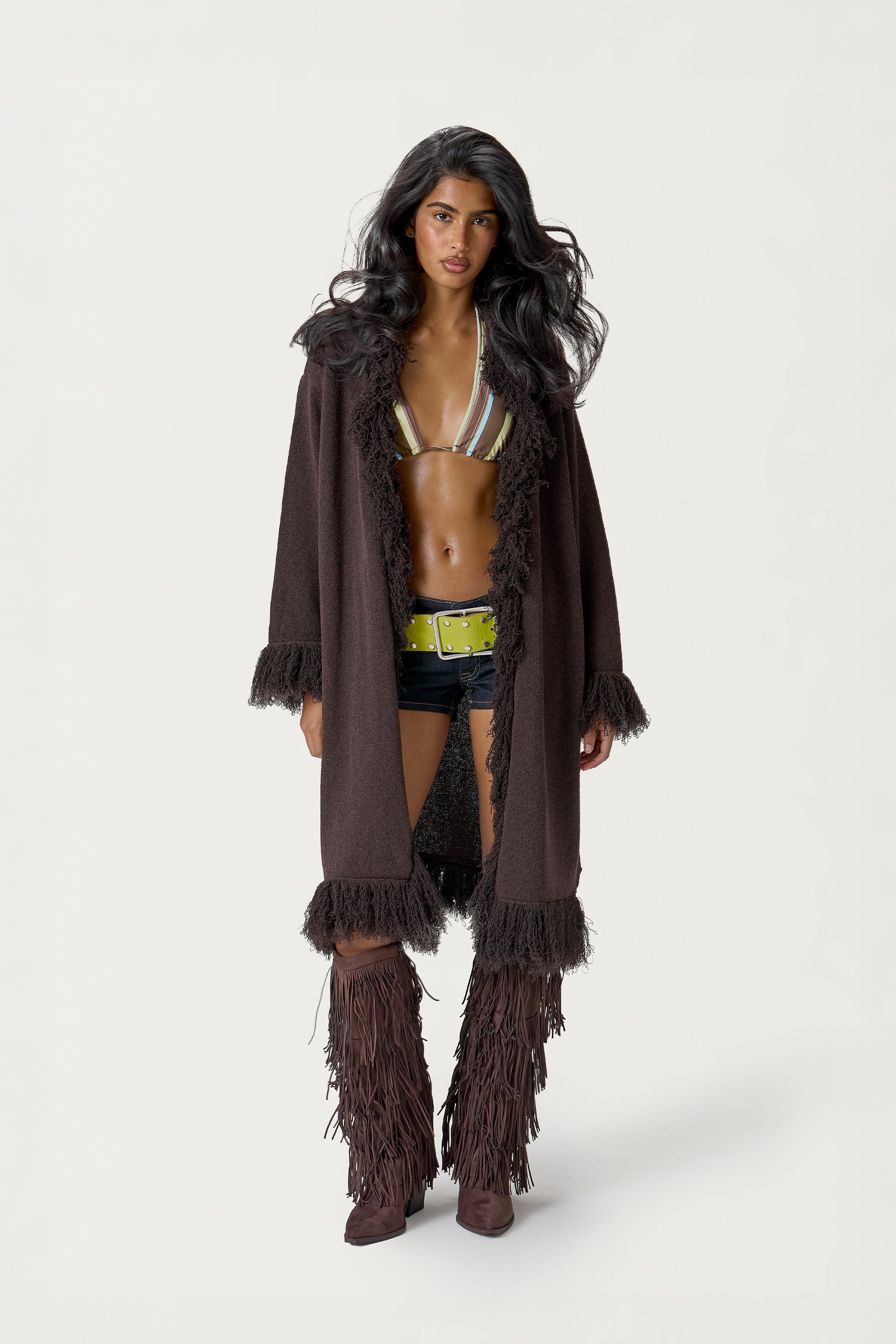Santana Fringe Midi Cardigan in Brown