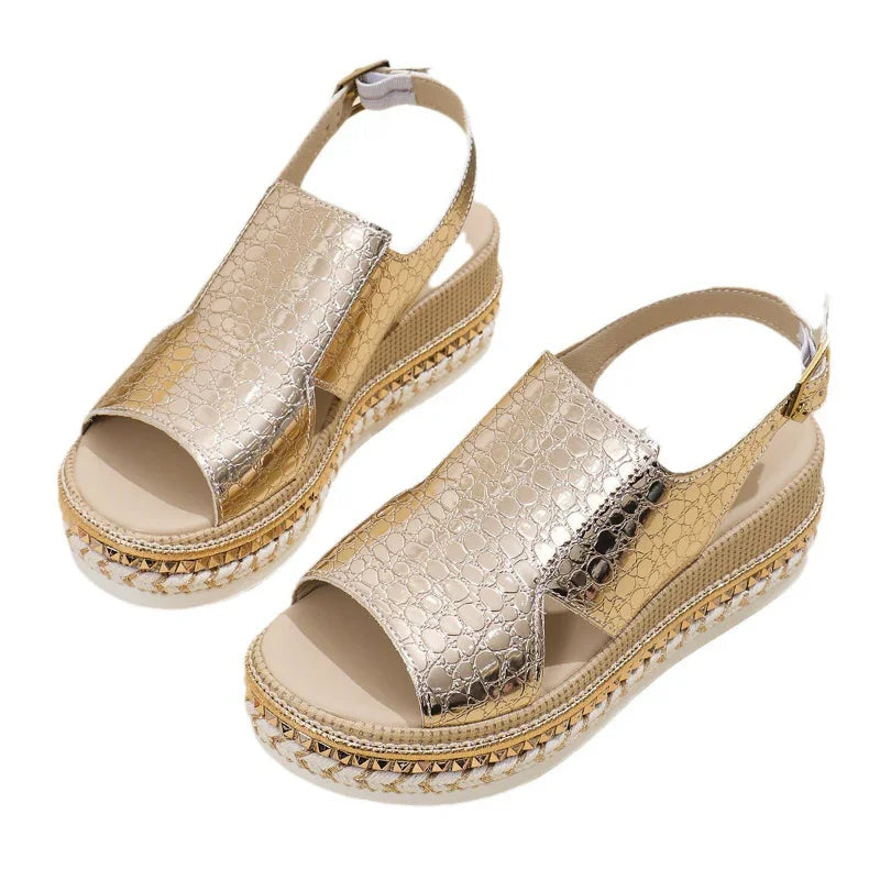 Extra Wide Platform Sandals for Bunions - Metallic, Slingback, 7cm Heel