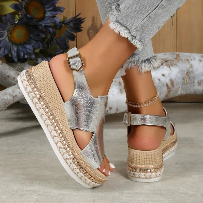 Extra Wide Platform Sandals for Bunions - Metallic, Slingback, 7cm Heel