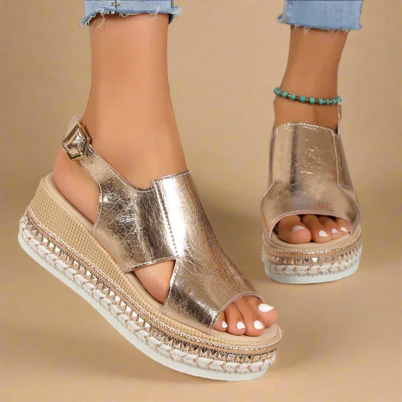 Extra Wide Platform Sandals for Bunions - Metallic, Slingback, 7cm Heel