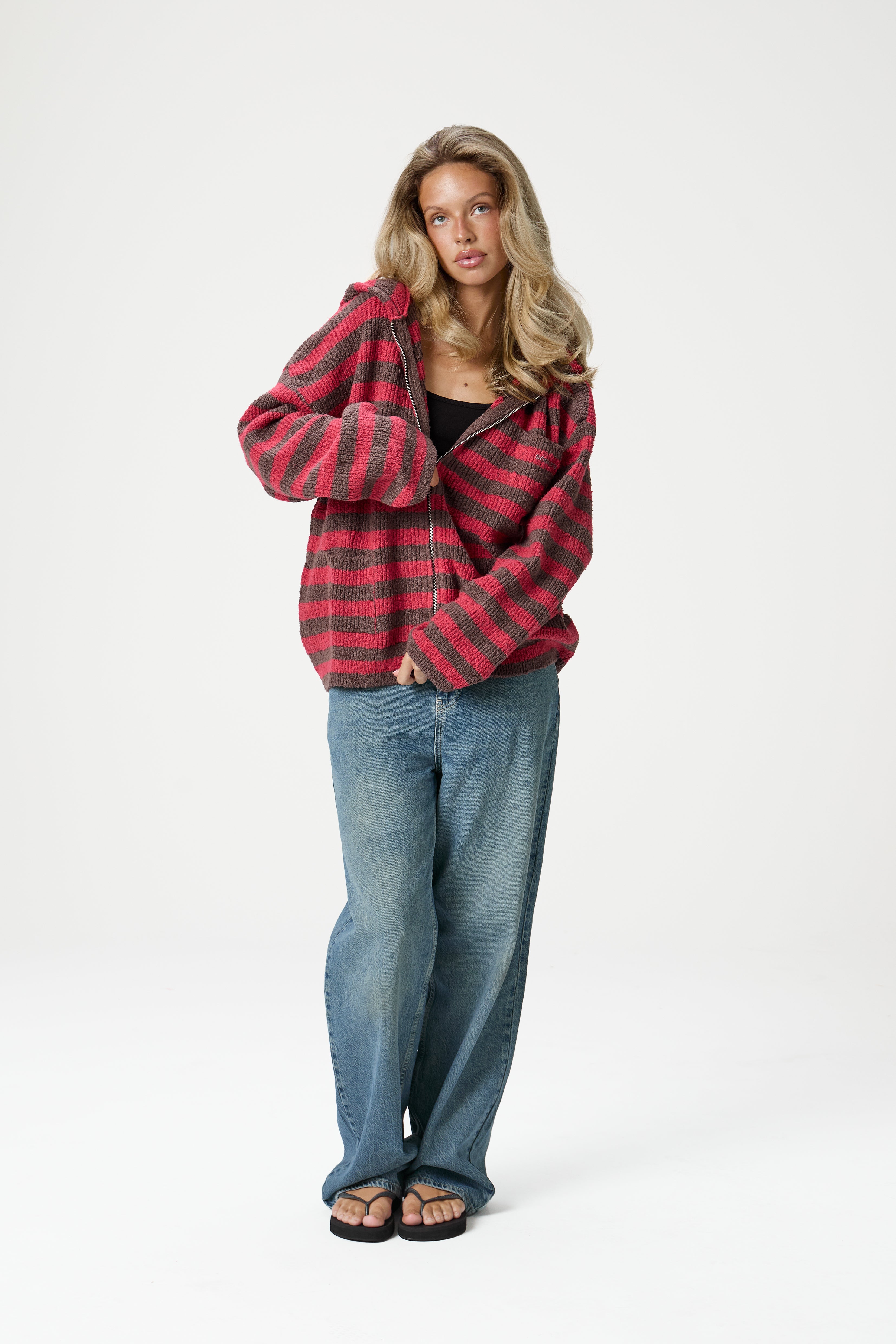 Jasper Knit Hoodie Zip Up in Red