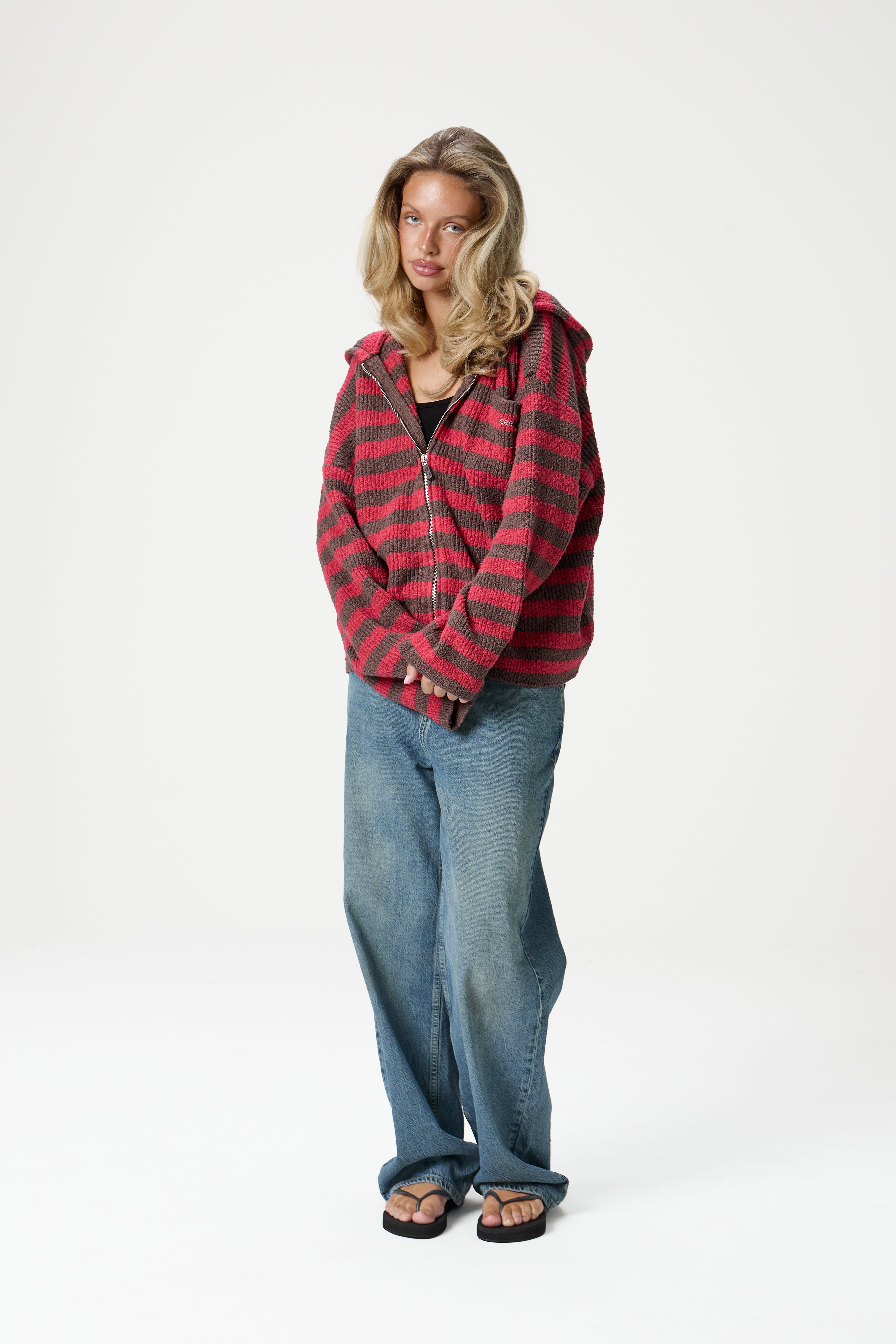 Jasper Knit Hoodie Zip Up in Red