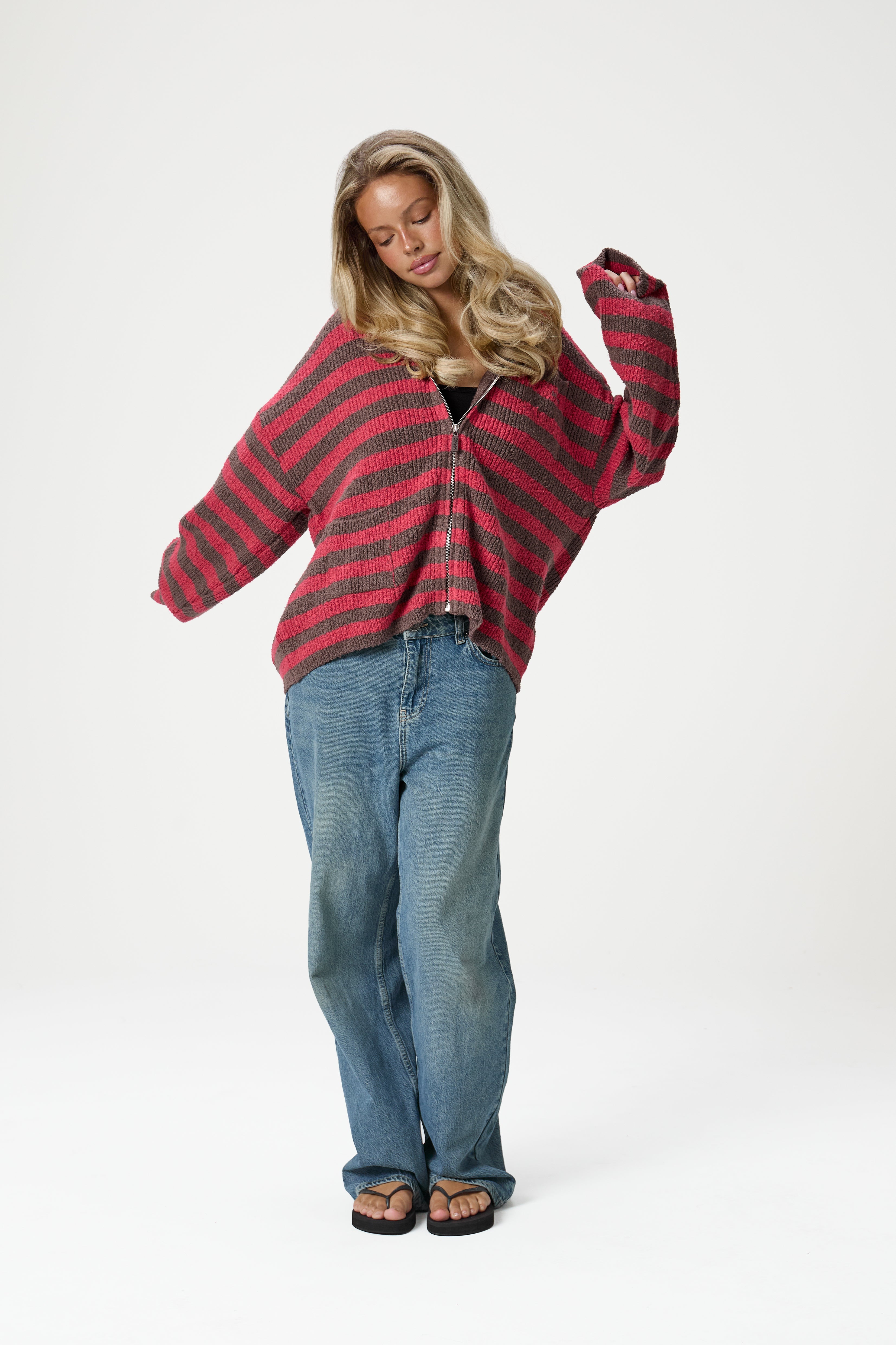 Jasper Knit Hoodie Zip Up in Red