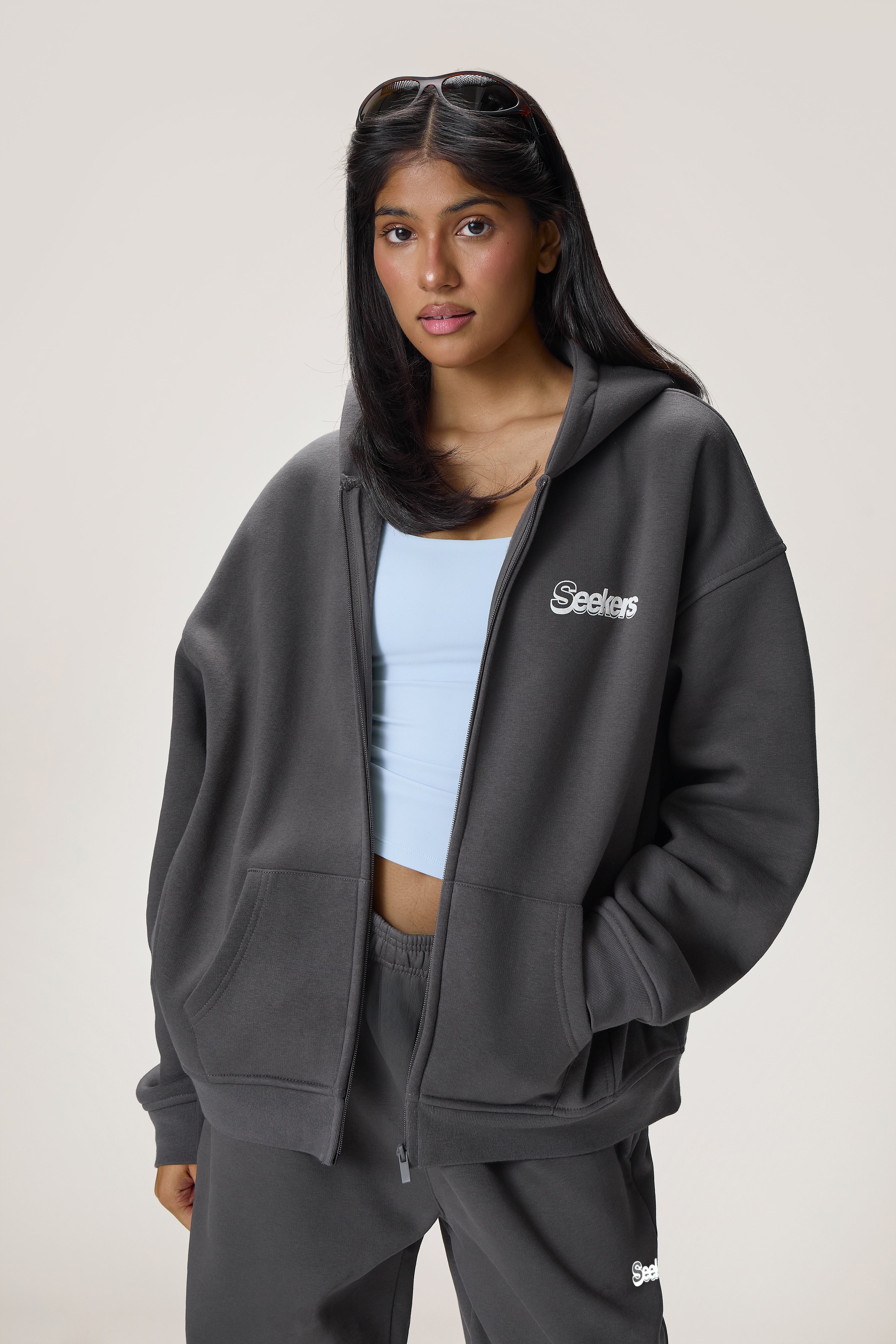 Seekers Sports Zip Up Hoodie in Charcoal