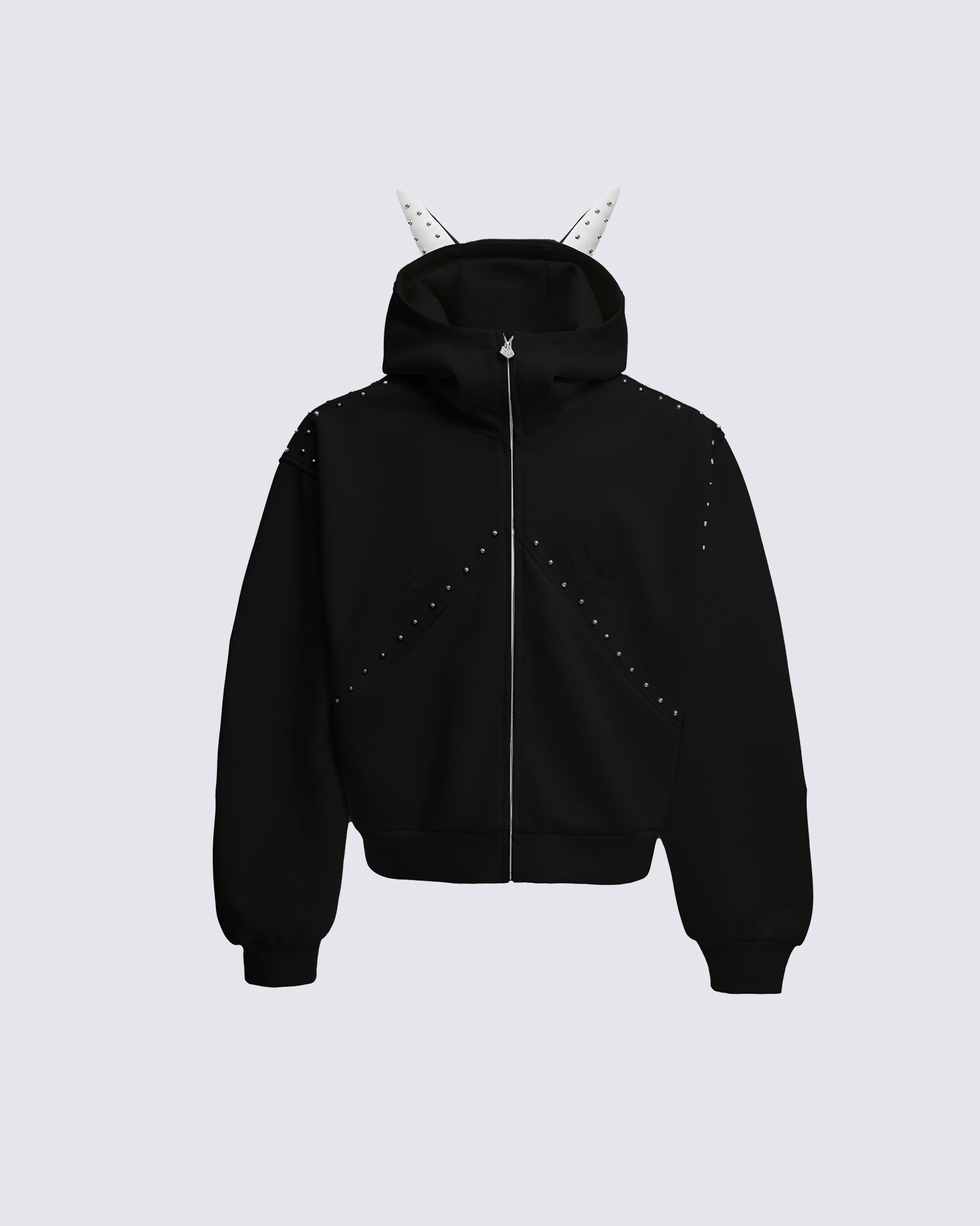 Horned Studded Zip-Up Hoodie with Ear Detail