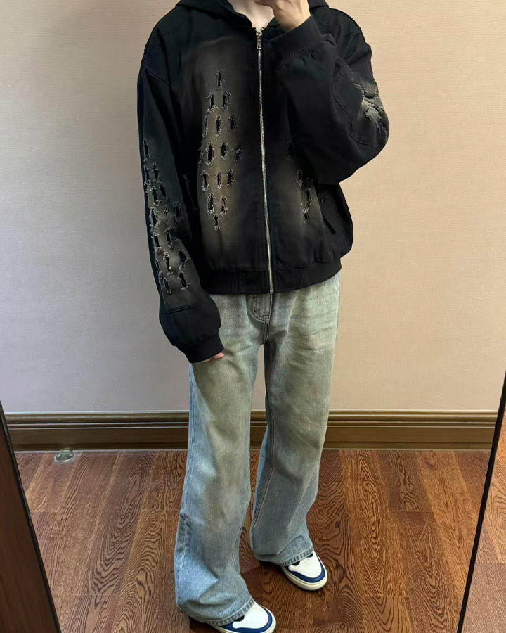 Dark Distressed Ripped Hooded Sweatshirt