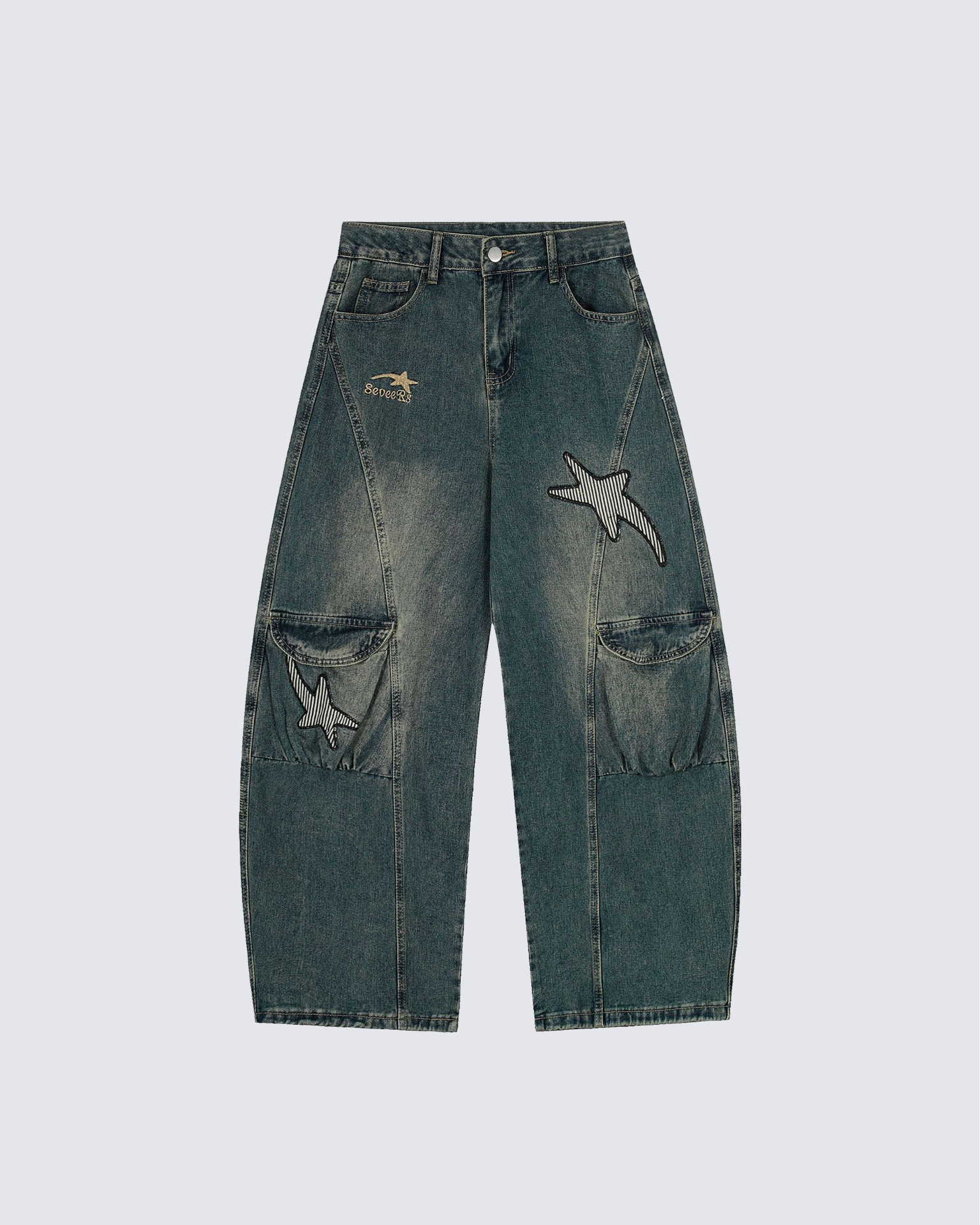 Embroidered Star Denim Cargo Pants