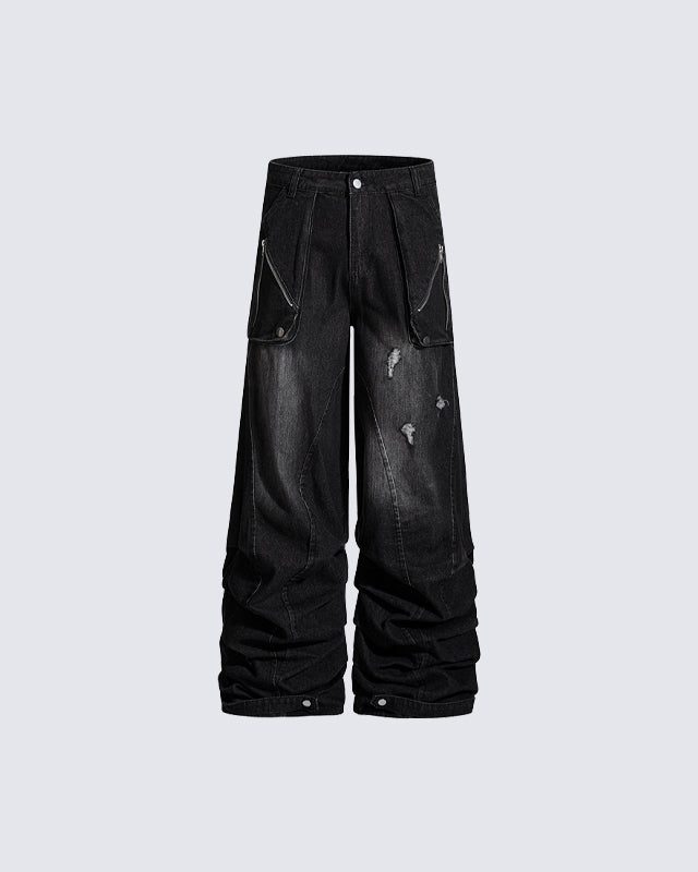 Washed Distressed Wide Leg Jeans