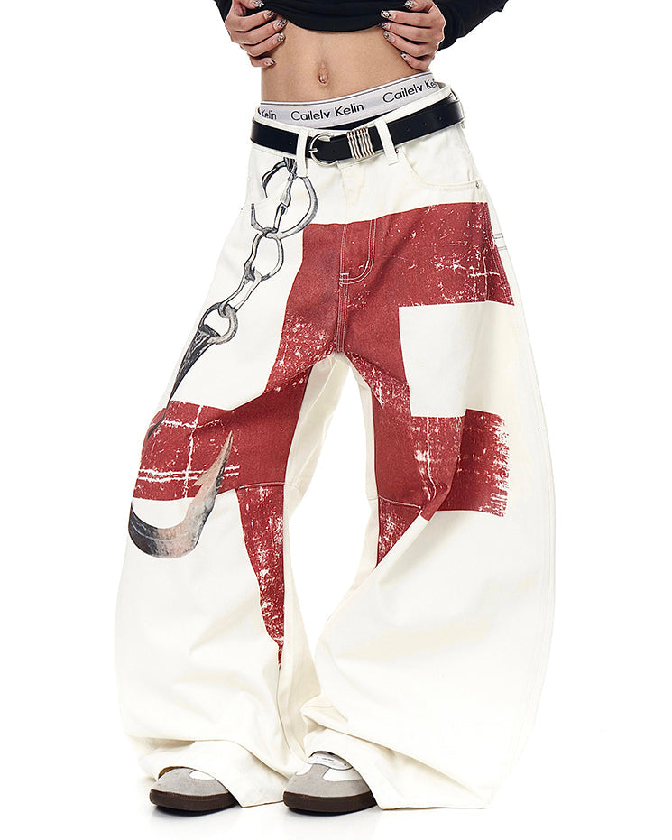 Retro Graphic Baggy Jeans with Scimitar Print