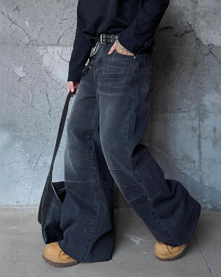 Deconstructed Patchwork Raw-Edge Wide-Leg Pants