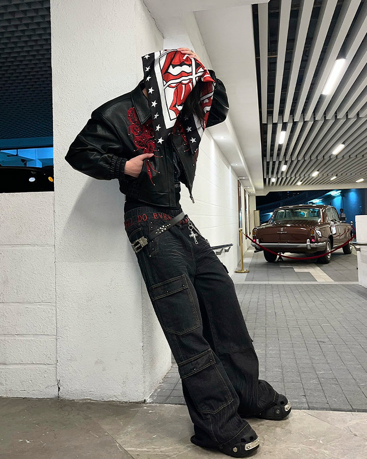 American Heavy Wash Double-Waist Embroidered Pants