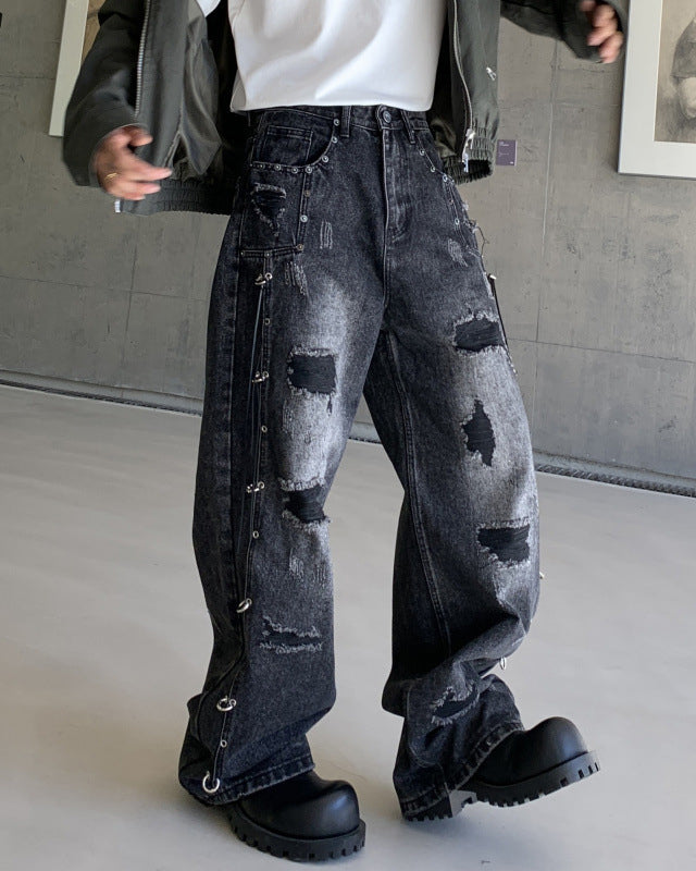 Retro Distressed Rivet Wide-Leg Denim Jeans
